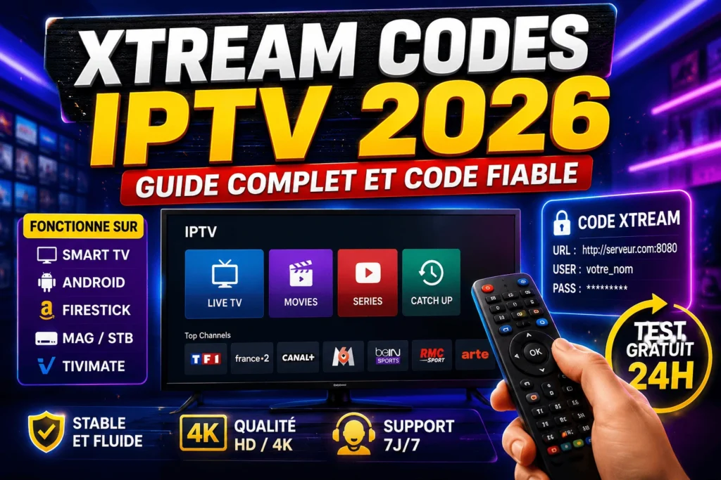 Xtream Codes API sur smartphone et écran TV affichant le guide Forum IPTV France 2026