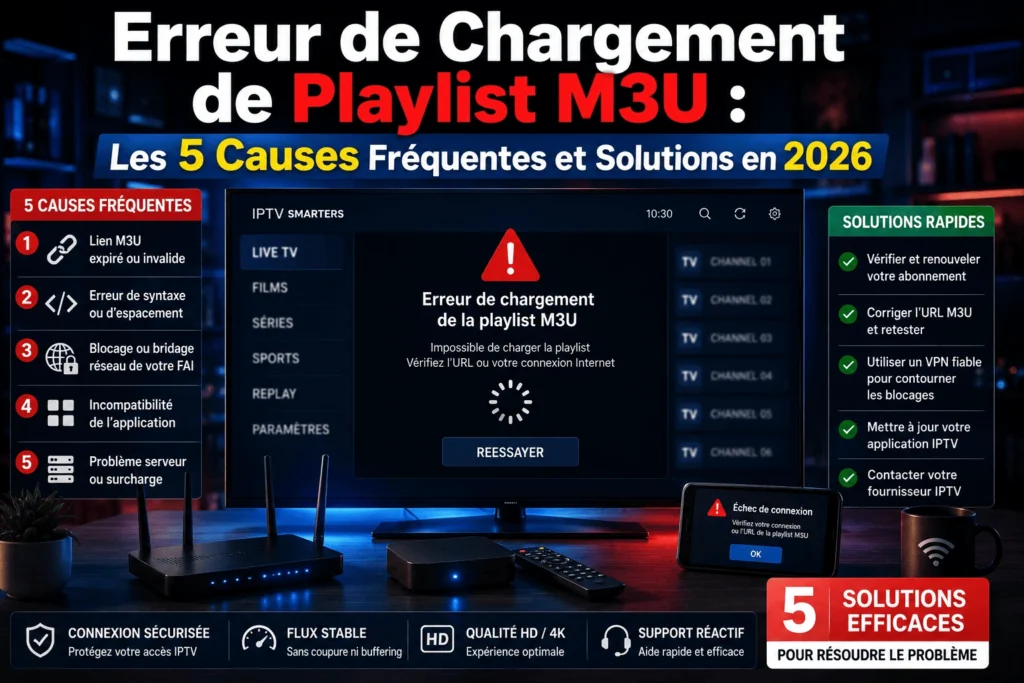 Erreur de chargement de playlist M3U sur application IPTV avec diagnostic et solutions techniques en 2026