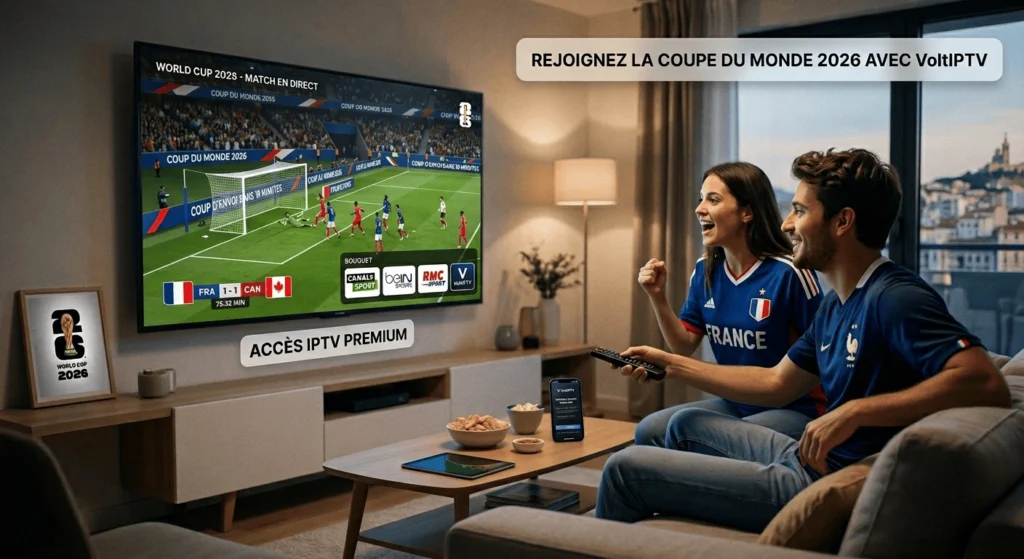 watching a live "World Cup 2026" soccer match on a large, wall-mounted screen using an IPTV service. They are seated in a cozy living room