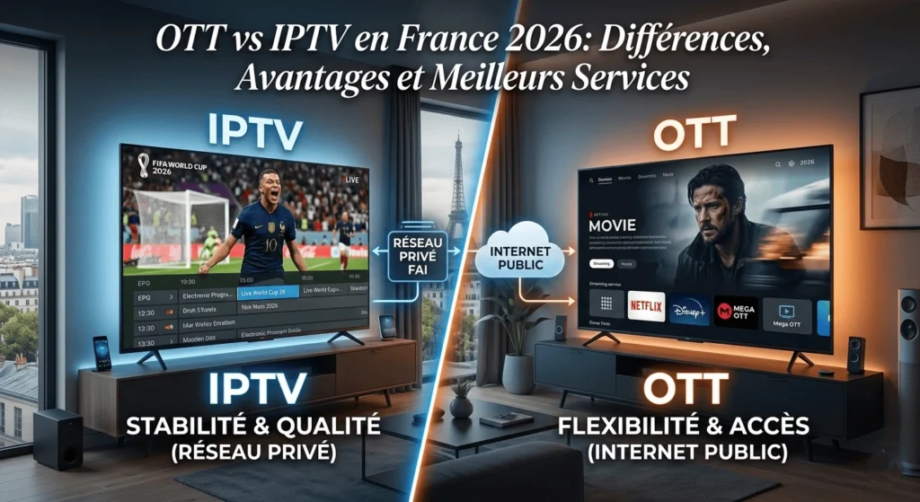 Infographie comparative entre IPTV sur réseau privé et streaming OTT sur internet public en France avec logos Mega OTT et Coupe du Monde 2026.