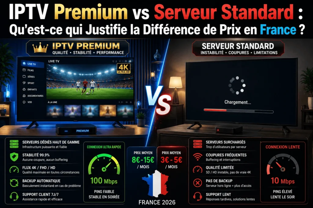 Comparatif entre un serveur IPTV premium et un serveur standard avec différences de stabilité, qualité et performances en France en 2026
