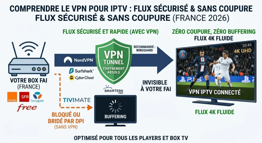 Schéma technique d'un vpn pour iptv en France montrant le contournement du blocage FAI et de l'inspection DPI pour un flux 4K stable.