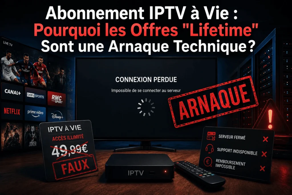 Abonnement IPTV à vie - Illustration expliquant pourquoi les offres Lifetime IPTV sont une arnaque technique et un risque pour les utilisateurs